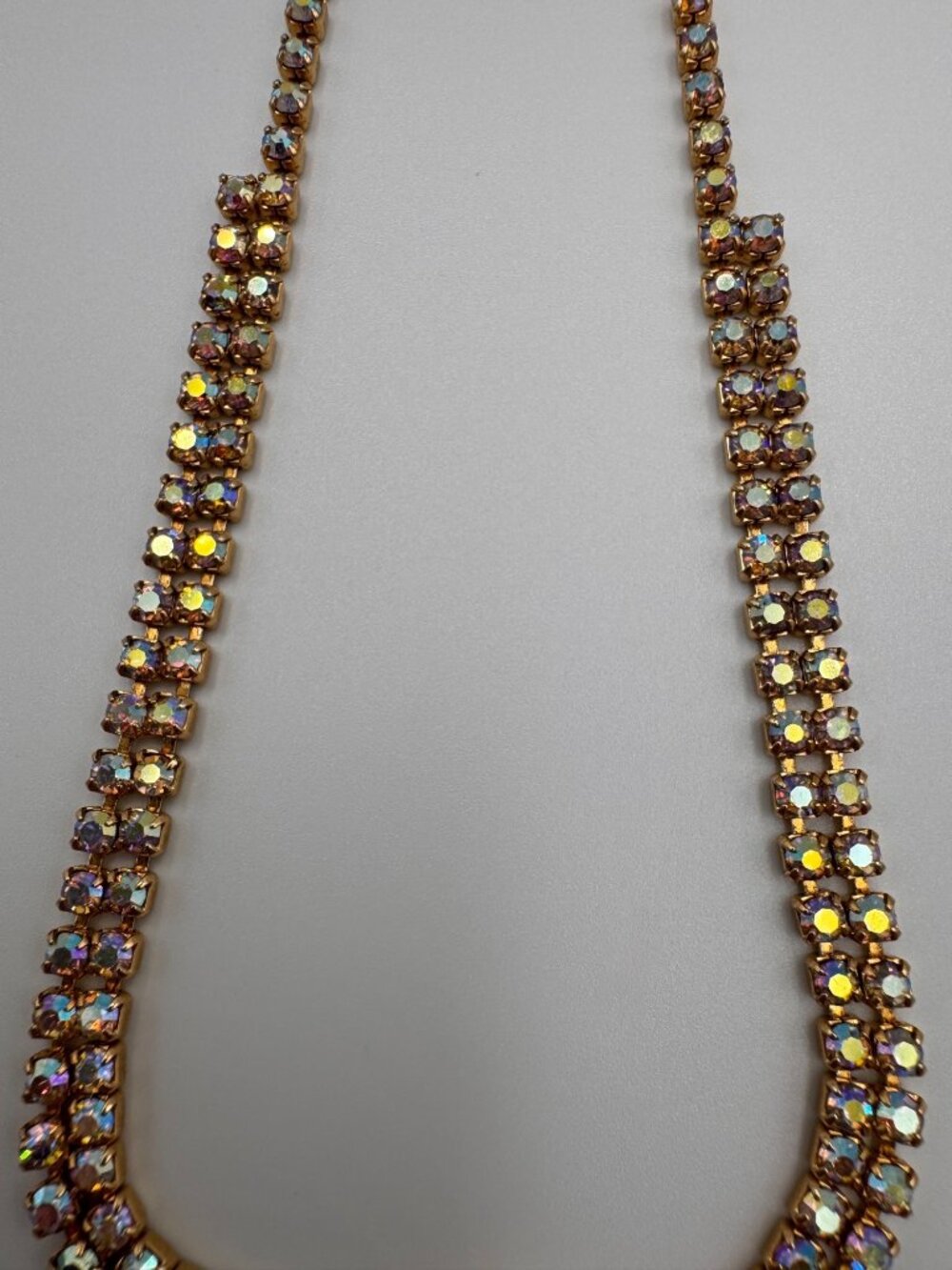 Vintage AB Aurora Borealis Rhinestone Necklace Double Row 1950s 14” - Picture 4 of 10